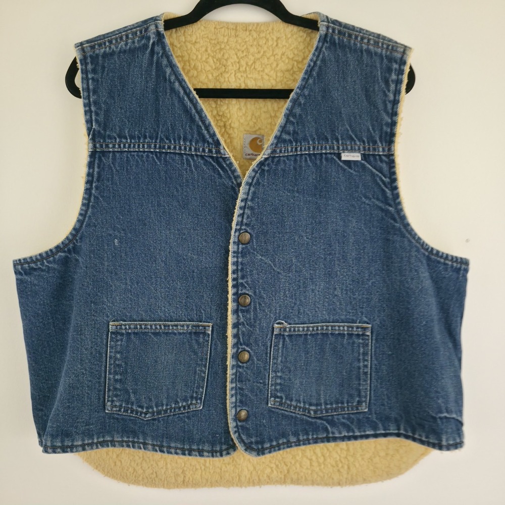 Carhartt Vintage Blue Denim Sherpa Fleece Lined Vest Workwear Mens Jacket Sz XL